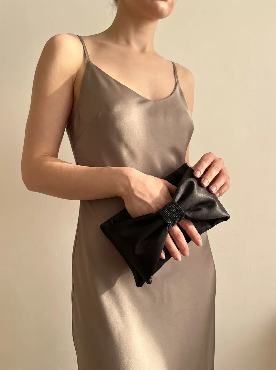 Black satin bow evening bag