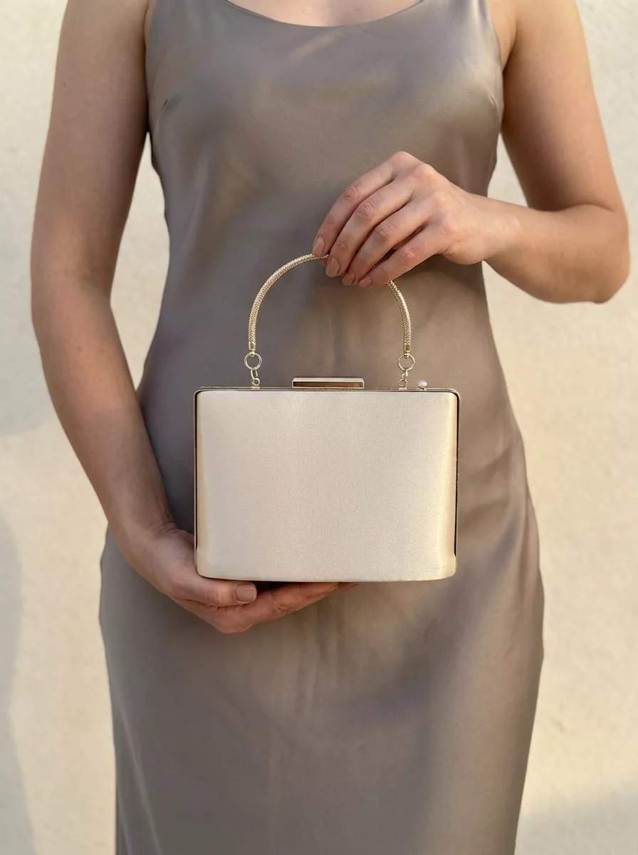 Champagne gold satin evening clutch with top handle