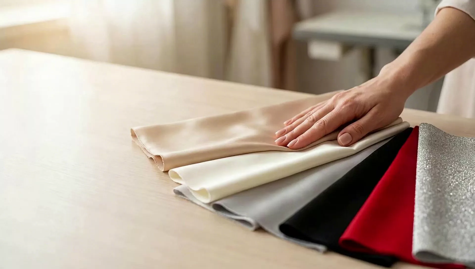 A hand resting on fanned satin swatches in the atelier — the silk chart
