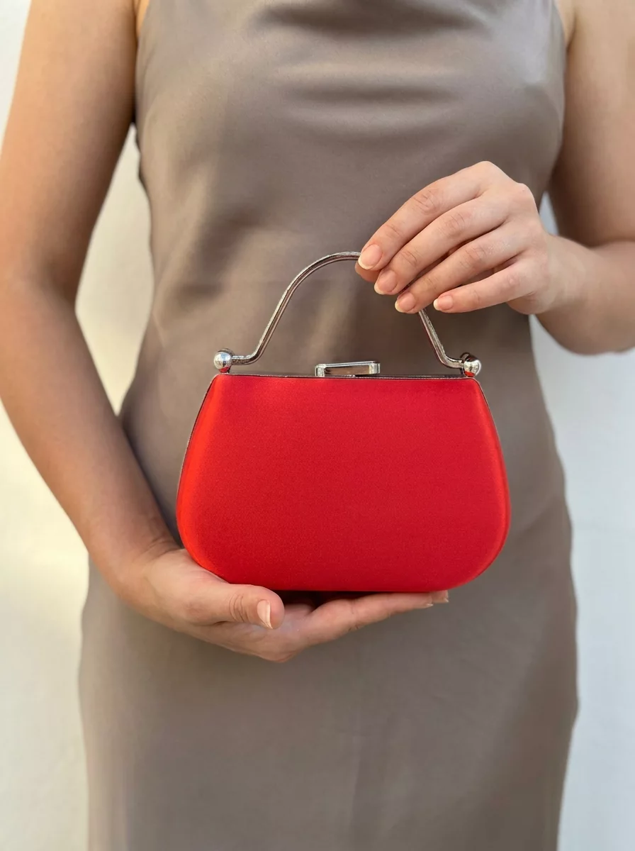 Red satin wedding clutch with rhinestone handle